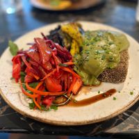 Dish of the day - crusted tofu, black rice, sweet tropical fruit salad at 26 Vegan Food Project in Lisbon