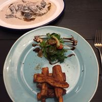 Seitan steak w/mushroom & salad & sweet potato fries at 26 Vegan Food Project in Lisbon