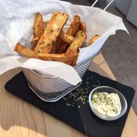 Fried sweet potato with mayonnaise.  at 26 Vegan Food Project in Lisbon