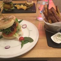 beet burger with sweet potato fries at 26 Vegan Food Project in Lisbon