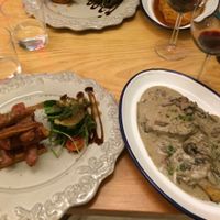 Seitan steak w/ mushroom sauce, salad, and potatoes  at 26 Vegan Food Project in Lisbon