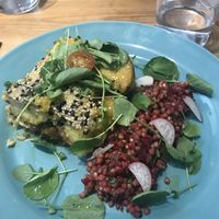 Root veggie pot pie (like a vegan Shepherds pie) and beet salad  at 26 Vegan Food Project in Lisbon