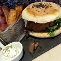 Lentils burger + sweet potatoes fries with vegan mayonnaise at 26 Vegan Food Project in Lisbon