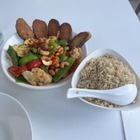 Cashew stir fry with seaweed tofu & brown rice   at Kindness Vegan in Darlinghurst