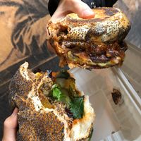 Classic Facon Cheese Burger and.. I forgot the name but the one with BBQ sauce! Amazing. at Big V - Borough Market in South East London