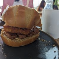 The bap and tea were HUGE! Both were delicious, tea came with a small jug of (oat) milk on the side at Eat at The Stade in Hastings