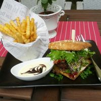 Traveller's Veggieburger and french fries with vegan sauce at Kohvik Kroon in Parnu