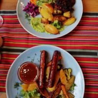 2 mains, soy sausages and beatroot paddies! at Kohvik Kroon in Parnu