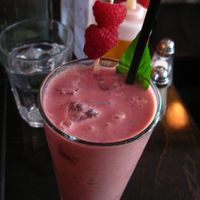 Smoothie of the day with rhubarb and berries. Excellent. at L'Gros Luxe 100% Vege in Montreal