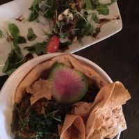 'Butter chicken' bowl and  Wild mushroom bruchetta at L'Gros Luxe 100% Vege in Montreal