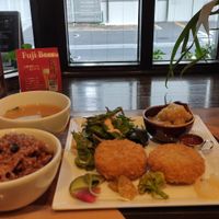 Lunch set with chickpea croquette, miso soup and brown rice at Kissa Saeki in Hiroshima