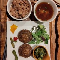 Set meal with vegan hamburger at Kissa Saeki in Hiroshima