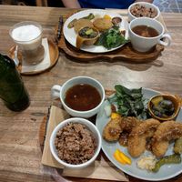 The vegan lunch set, one with croquettes ther other with wheat meat at Kissa Saeki in Hiroshima