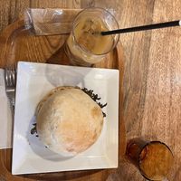Tempeh burger and an iced soy latte at Kissa Saeki in Hiroshima