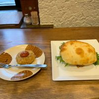 The bun looks freakishly big, but the patty inside was very good!  at Kissa Saeki in Hiroshima