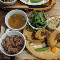 Fried gluten meat lunch set at Kissa Saeki in Hiroshima