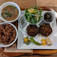 lentil burger lunch set at Kissa Saeki in Hiroshima