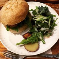 The seitan burger and salad set at Kissa Saeki in Hiroshima