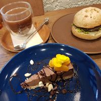 Lentil burger, latte and cake. at Kissa Saeki in Hiroshima