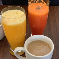 Fresh OJ and carrot/orange juice. French vanilla soy milk in coffee at Woodrose Cafe in Garberville