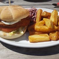 VFC burger with chunky chips and slaw at The Ship Inn in Newcastle Upon Tyne