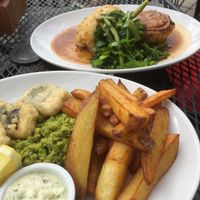 happy fish and chips, pie and mash  at The Ship Inn in Newcastle Upon Tyne
