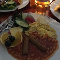 tofu saussages, beans, scrambled eggs and goat cheese. at Cafe V in Berlin