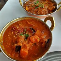Pumpkin eggplant curry and mushroom curry. at Spice Lounge in Launceston