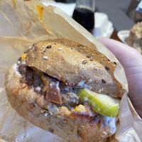 Impossible burger on sprouted bun with vegan American cheese and aioli  at Bareburger in Stamford