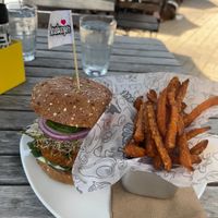 Burger with sweet potato fries.  at Bareburger in Stamford
