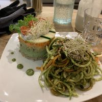 Vegetable Terrine. The pesto is EXCELLENT, the vegetable noodles are fresh and crisp, and the flavors are satisfying. I took the pillar thing to go and finished it for dinner.  #Ve at Sweet Rawmance in Paris