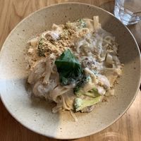 Tagliatelle with cashew sauce + broccoli + mushrooms😄  at Sweet Rawmance in Paris