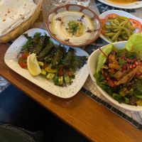 Stuffed vine leaves, pickles, hummus n bread, fattoush salad   at The Cedar Tree in Dublin