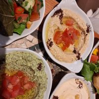 Hummus, baba ghanoush, spinach dip and vine leaves at The Cedar Tree in Dublin