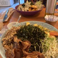Moqueca for me and a self-built bowl with falafel, potatoes and rice for him  at GreenGo Batel in Curitiba