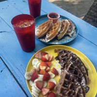 Choco waffle & churro waffle with iced coffees   at Waffle Monkey in Tamarindo