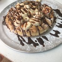 Vegan waffle with peanut butter, banana and chocolate syrup!  at Waffle Monkey in Tamarindo
