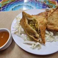 Samosas and mango sauce, very tasty and good size at Red Chilli Indian Restaurant in Corfu