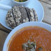 Indian soup and mangohumus with bread at SLA - Kerkplein in The Hague