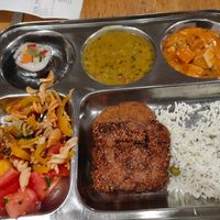 Evening meal. Maki, dhal, curry, potato pancake, pasta salad, tomatoes. at Dhaba Beas - Purkynova in Prague