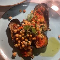 Stuffed eggplant with chickpeas  at MIRA in Paros