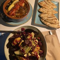 Pita, fava bean purree, beet salad  at MIRA in Paros