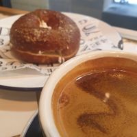 Pretzel bagel and small coffee at 5 & Dime Bagel Co. in Melbourne