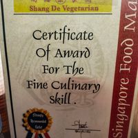Certificate at Shang De Vegetarian in Central Singapore