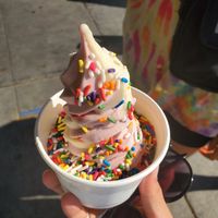 Roasted Strawberry/Corn Almond twist with rainbow sprinkles at Magpies Softserve in Los Angeles