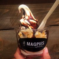 Vegan sweet corn softserve sundae with chocolate sauce and crispy coconut flake  at Magpies Softserve in Los Angeles