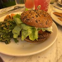 Vegan burger with kale salad and sweet potato hash at True Food Kitchen - W Ave in Austin
