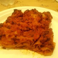 Lasagna with mushroom sauce at Universo Vegano in Bologna