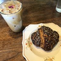 Rose cardamom latte and chipotle cream cheese croissant  at Lagusta's Luscious Cafe in New Paltz