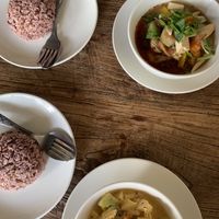 Tom Yum sup and massaman Curry  at Bodhi Tree Cafe in Chiang Mai